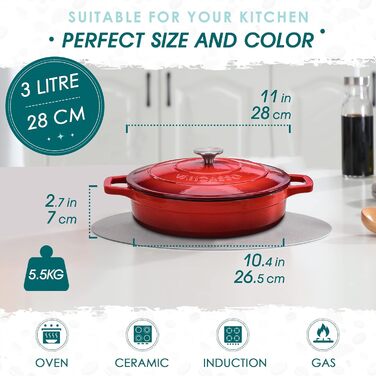 Чавунна овальна емальована каструля Vancasso об&39ємом 6 л з кришкою, поживна та смачна для дому, ресторану, готелю, духовки, 30 x 13 см (червона, 28 x 7 см)