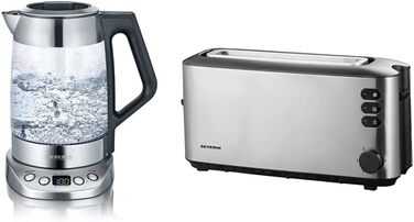 Стеклянный чайник и чайник SEVERIN, чайник с регулируемой температурой и временем заваривания, стеклянный чайник с предустановленными чайными программами, 3 000 Вт, нержавеющая сталь, WK 3479 (с функцией Easy Tea Select, комплект с тостером с длинным прор