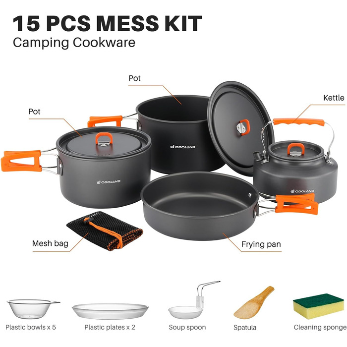 Набор посуды для кемпинга 15 предметов, на 4-5 человек Odoland
