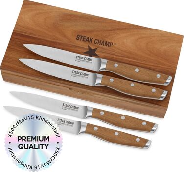 Вилка та ніж для стейка для м&39яса Steakchamp, 2 х 2 шт. виделки та ножі із сталевого леза, з мікрохвильовим помелом, набір з 4 шт., включаючи дерев&39яну коробку