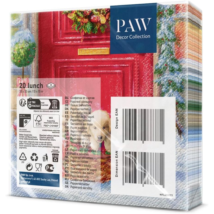 Серветки 3-шарові (33 x 33 см) I 20 шт. I Різнокольорові паперові серветки, ідеальні для різдвяного столу I Серветки - Різдво, зима, зірки, сніг, сніговики I (Різдвяні цуценята)