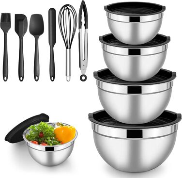 Чаша Herogo с крышкой, набор салатников из нержавеющей стали из 5 шт., размер 4,5 л / 2,7 л / 1,5 л / 1,2 л / 0,7 л, штабелируемая миска для смешивания и сервировки на кухне, включая принадлежности для выпечки, можно мыть в посудомоечной машине (черный)