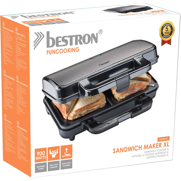 Бутербродница Bestron XL, тостер для 2 бутербродов с антипригарным покрытием на 2 бутерброда, вкл. автоматический контроль температуры и индикатор готовности, 900 Вт, цвет черный/ (серый титан)