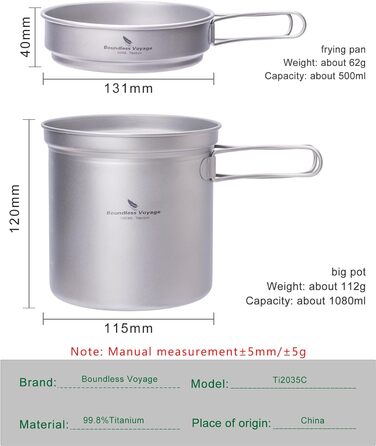 Набор посуды для кемпинга Boundless Voyage Набор титановых кастрюль со складной ручкой Уличная посуда Кастрюли Сковороды Сковорода Посуда для пикника (Ti1586B)