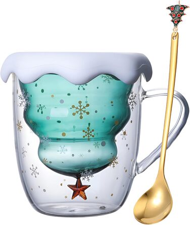 Милий різдвяний подарунок у вигляді кухля Syfunlv, різдвяні скляні чашки з подвійними стінками, кришкою та ложкою, чашка для еспресо, різдвяна чашка Грінча, склянки для чаю, чашка для молока, кавові чашки у формі ялинки (стиль 1)