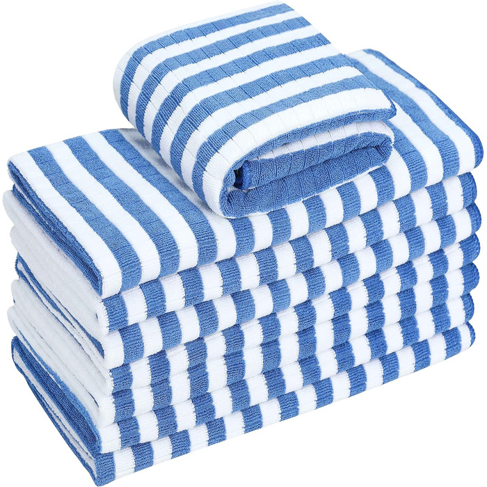 Набір з 8 кухонних рушників з мікрофібри, супервбираючих, мяких і товстих кухонних рушників, в клітинку з петлями для підвішування, 65 x 45 см, (синій)