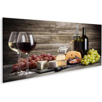 Картина на полотні з островом, натюрморт з вином та сиром перед дерев&39яними настінними картинами, настінні картини, плакат (полотно 120x40 см - Панорама)