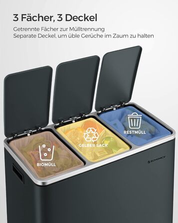 Кухонний контейнер для сміття SONGMICS, 3 x 18 л, система розділення сміття з 3 відділеннями, включаючи 15 мішків для сміття, відро для сміття, відро для сміття на педалі, для перероблених відходів, органічних відходів, з кришкою, LTB54BK (зелено-сірий)