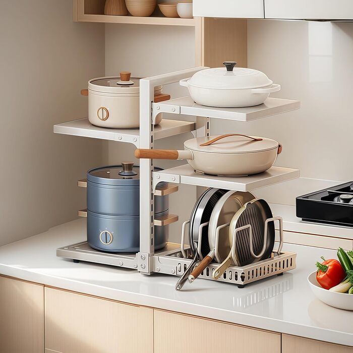 Органайзер для каструль HIMKI для шафи з регульованими відділеннями, тримач для каструль 4/5/7 рівнів, підставка для каструль з тримачем для кришки для кухонної шафи (5 рівнів, білий)