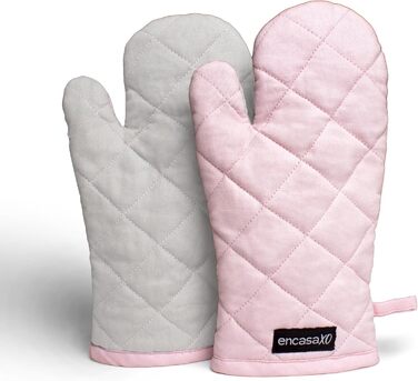 Рукавички Encasa Homes Extra Long для духовки та мікрохвильової печі (2 шт.) для використання на кухні - Силіконові сріблясті термостійкі - Захищають руки від гарячого обладнання - (17x29 см, світло-рожеві та світло-сірі)