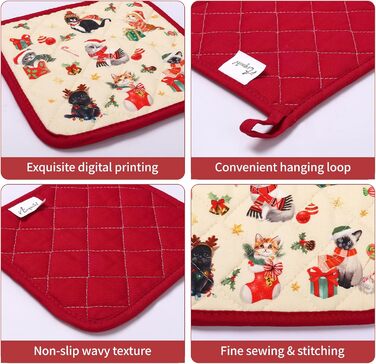 Набір з 2 різдвяних рукавичок для духовки та прихваток Arquiel, 100 бавовняні кулінарні рукавички, термостійкі кухонні рукавички для приготування їжі, різдвяний декор для кухні, подарунки для жінок (різдвяна ялинка 02, рукавички для духовки*2 прихватки*2)