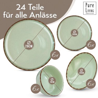 Набір посуду з керамограніту 6 персон Рустик 24 шт. - Набір посуду в сільському стилі, можна мити в посудомийній машині - Набір мисок і тарілок - Чистий живий посуд в (набір з 24 предметів, м'ятно-зелений)