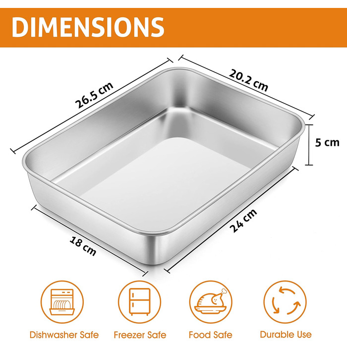 Глибока форма для випікання, деко для випікання з нержавіючої сталі Herogo (3 x 24 x 5 см), прямокутна форма для випікання лазаньї з тортом брауні, нетоксична та корисна, світловідбиваюча, нержавіюча, міцна та придатна для миття в посудомийній машині 3x24
