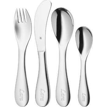 М'які дитячі столові прибори WMF з вигравіруваною назвою - персоналізований набір для дітей з гравіюванням - персоналізовані ідеї подарунків на хрестини для дівчаток і хлопчиків - персоналізовані столові прибори WMF - 4 предмети (з гравіюванням спереду та