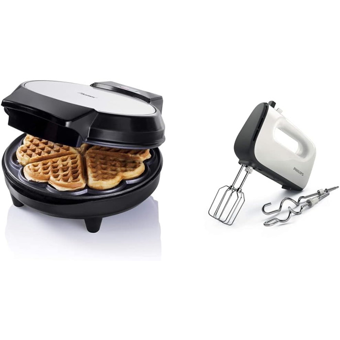 Вафельница Bestron для классических вафель с сердцем, вафельница с антипригарным покрытием для вафель в форме сердца, 700 Вт, цвет (черный, в комплекте с ручным миксером)