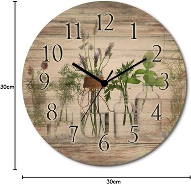 Настінний декор ARTLAND настінний годинник з дерева без цокання безшумний круглий Ø 30 см кухонний годинник кава капучино круасан T5XO Капучино та круасан (трави у пляшечках, кварцовий годинник)