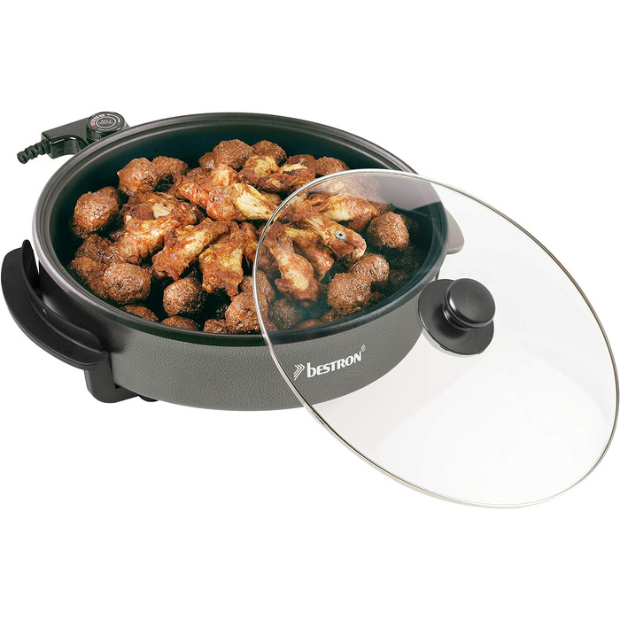 Электрическая сковорода для вечеринок Bestron, Многофункциональная сковорода XXL Ø40см со стеклянной крышкой, с антипригарным покрытием, 1 500 Вт, AHP1800Z, Цвет Черный (Ø 32 см)