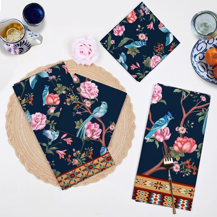 Кухонні рушники, бавовна, 4 упаковки, кухонні рушники, 100 бавовна. Осінній набір кухонних рушників. Універсальний високоякісний набір кухонних рушників для сушіння. Рушники для кухонних рушників 50 x 70 см (ретро-квіти та птахи)