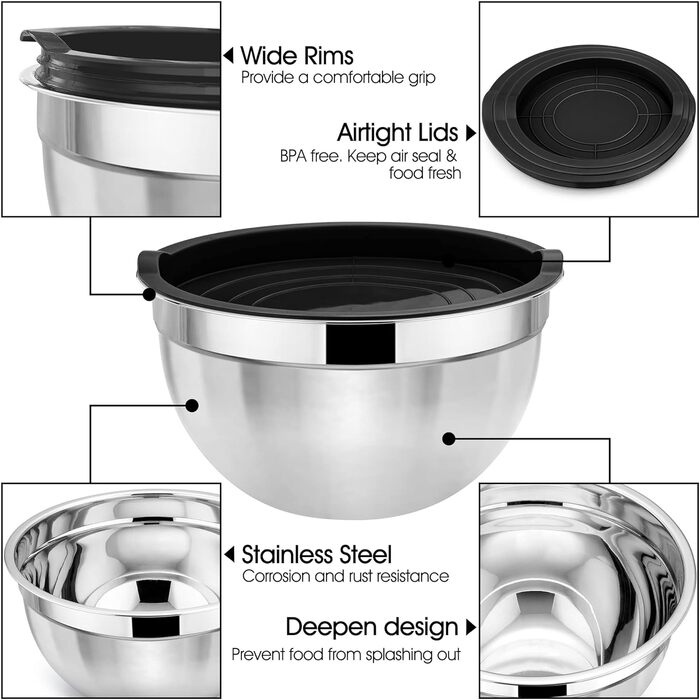 Набір мисок для змішування Herogo з 3 шт. , гніздова миска з нержавіючої сталі з чорними герметичними кришками, металеві миски для салату для приготування їжі, нетоксичні та нержавіючі, придатні для миття в посудомийній машині (4.5/2.7/1.5 QT)