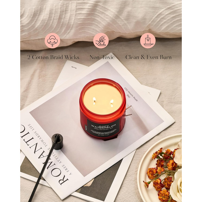 Ароматичні свічки M&SENSE Кава у скляній банці з 2 гнітами 330 г, час горіння 70 годин, свічка з натурального соєвого воску для спальні, кухні, декору дому, подарункова свічка для чоловіків та жінок, смажена кава (соковитий кавун)