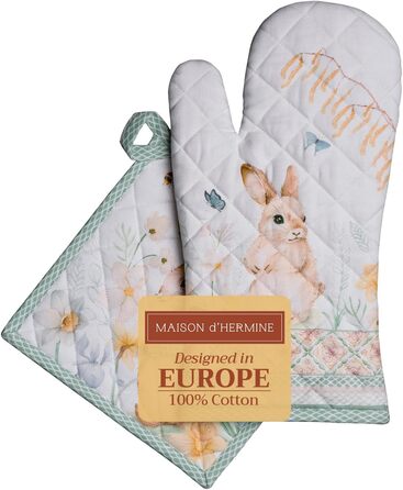 Рукавички для духовки Maison d&39 Hermine, Прихватки для каструль, 100 бавовна, термостійкі кухонні рукавички, рукавички для духовки (19 x 33 см) та прихватки для каструль (20 x 20 см) для приготування їжі, Morzine - Рукавички для духовки (19 x 33 см) та 