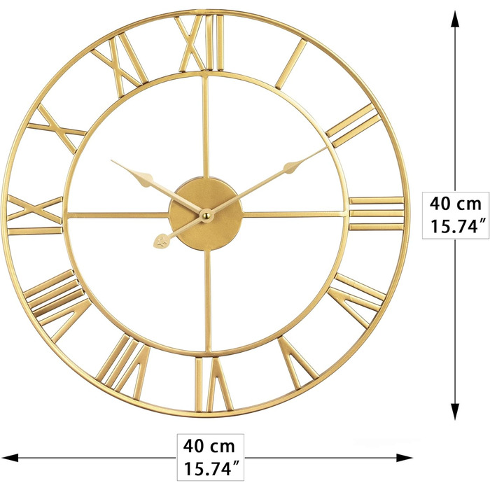 Великий круглий металевий настінний годинник у вінтажному стилі, безшумний, не цокаючий, працює на батарейках, 40 см, 16 дюймів, римські цифри, годинники для вітальні, спальні, кухні, настінний годинник, прикраса (золотий, 40 см)