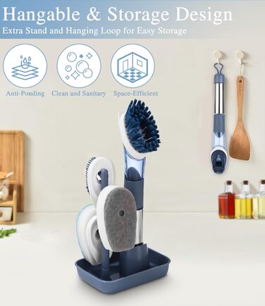 Щетка для посуды с дозатором для моющего средства с 4 сменными головками и держателем LEAZZLE