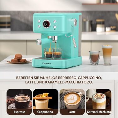 Кавомашина Empstorm Espresso Portafilter з піноутворювачем для молока, еспресо-машина 20 бар з портафільтром, еспресо-машина 2 в 1 для порошку та капсул, резервуар для води 1,5 л, кавоварка з портафільтром, білий (світло-блакитний)
