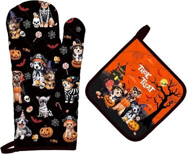 Різдвяний набір із 2 рукавичок для духовки та підставок для каструль Arquiel, 100 бавовняні кулінарні рукавички, термостійкі кухонні рукавички для приготування їжі, різдвяні подарунки на кухню для жінок (Хелловін 02, рукавички для духовки підставки для ка