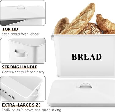 Хлібниця Herogo, дуже велика металева хлібниця для кухні, вінтажна висока хлібниця з кришкою, компактний контейнер для зберігання хліба для стільниці, вміщує 2 хліби, 33 x 24,5 x 19 см (білий)