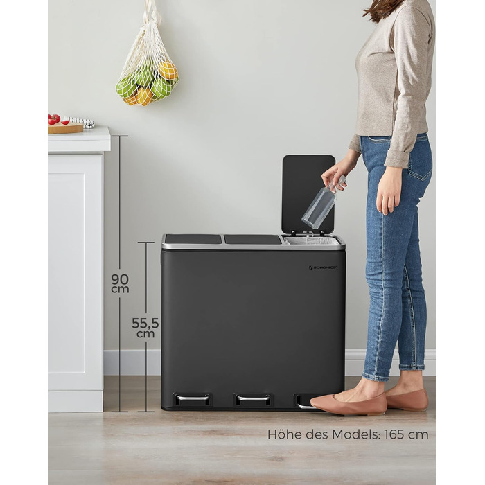 Кухонний контейнери для сміття, 3 x 18 л, чорний SONGMICS