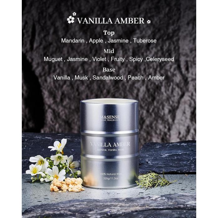 Ароматичні свічки M&SENSE з натурального соєвого воску, натуральна соєва свічка для домашнього декору, тривалий час горіння до 70 годин, класні подарунки-свічки для чоловіків та жінок (320 г, ванільно-бурштиновий)