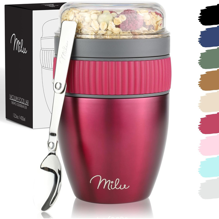 Стаканчик для пластівців Milu 400 мл з назвою MsliMax для йогурту герметичний стаканчик з ложкою (ягідний, нержавіюча сталь)