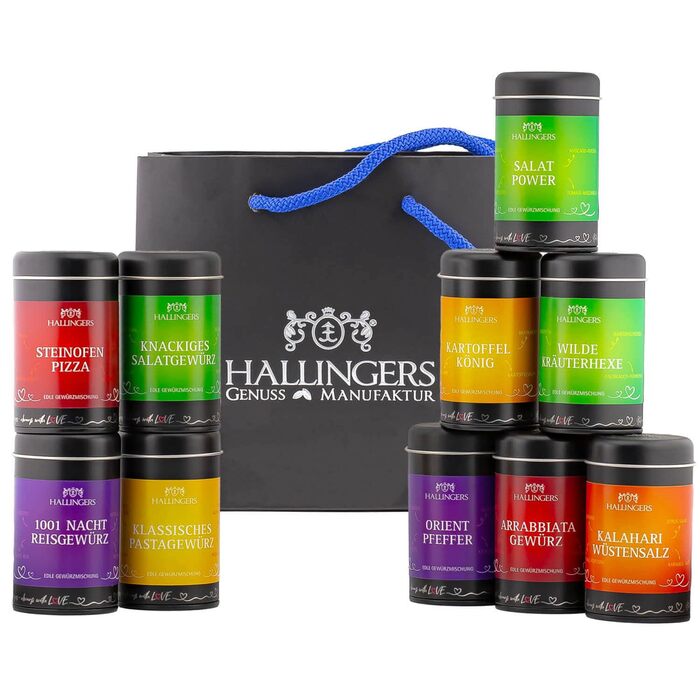 Класичний набір спецій Hallingers - 1 - Подарунковий набір спецій ручної роботи, 12 спецій з усього світу (Набір) - Літній подарунок та ідеальний подарунок для барбекю Подарунок для нової домівки &quotВітання та дружба&quot Класичні спеції., 12 спецій (73