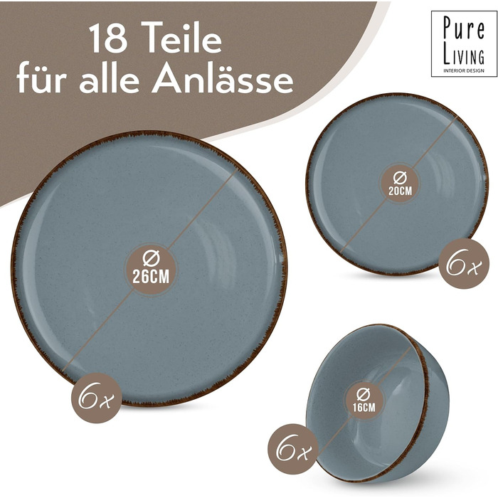 Набор посуды из керамогранита на 6 персон рустик 24 предм. - Набор посуды в деревенском стиле, можно мыть в посудомоечной машине - Набор мисок и тарелок - Посуда Pure Living (набор из 18 предметов, дымчато-синий)