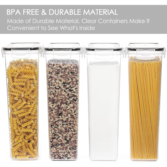 Набор банок для хранения Vtopmart 0,8 л, банки для мюсли и банки для хранения пищевых продуктов, пластик без бисфенола А, герметичный контейнер для сухих продуктов, набор из 12, 24 этикеток для зерна, муки, сахара (черный) (2,8 л * 4)