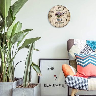 Настінний кухонний годинник YOAI, вінтажний шаббі-шик, антикварний, ностальгічний, сільський, кварцовий годинник з МДФ з безшумним механізмом, 12 дюймів/30 см Ø (лаванда в горщику)