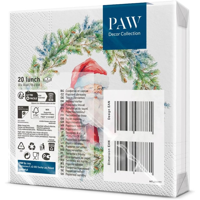 Серветки 3-шарові (33 x 33 см) I 20 шт. I Різнокольорові паперові серветки, ідеальні для різдвяного столу I Серветки - Різдво, зима, зірки, сніг, сніговики I (Радісне коло Санта Клауса)