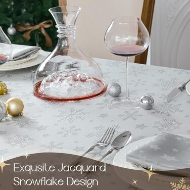 Велика різдвяна скатертина Romanstile, яку можна прати та вона водовідштовхувальна, жакардові зірки та сніжинки, квадратна скатертина XXL для зими, різдвяної прикраси, вечірки, Різдва (85 x 85 см, срібляста)