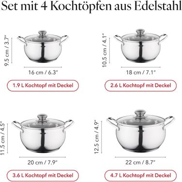 Набір посуду FLORINA 4 предмети Нержавіюча сталь 18/0 Кришка із загартованого скла Для індукційних, газових, електричних та керамічних варильних поверхонь Можна мити в посудомийній машині Високоякісний набір посуду для будь-якої кухні (8 предметів, каштан