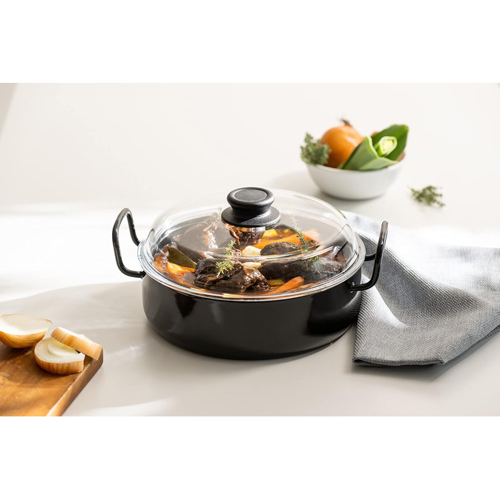Сотейник бабусин зі скляною кришкою 28 см, КАСТРУЛІ ЕМАЛЬОВАНІ КЛАСИЧНІ, емальовані, чорні, висота 9 см, діаметр 28 см, 0459-022