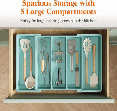 Органайзер для столових приборів 57 х 38 см для шухляд, 5 відділень, бірюзовий Lifewit