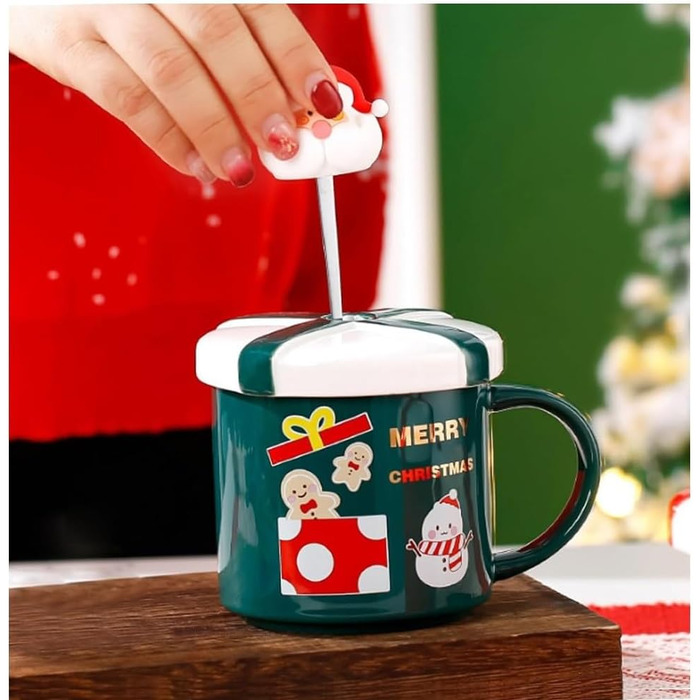 Різдвяний кухоль 400 мл з кришкою та ложкою, зелений з принтом сніговика SuperglockT