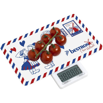 Цифрові кухонні ваги Bestron з РК-дисплеєм, ретро-дизайн, Sweet Dreams, вантажопідйомність 5 кг, точність до 1 г, скло, рожевий (білий/блакитний (я люблю Голландію))