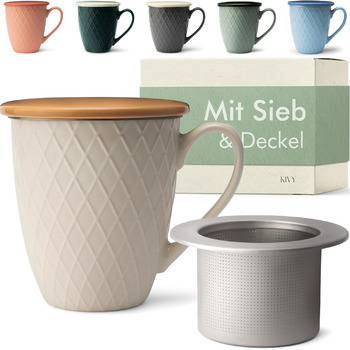 Чашка для чаю 650 мл з ситечком та кришкою, кремово-біла KIVY