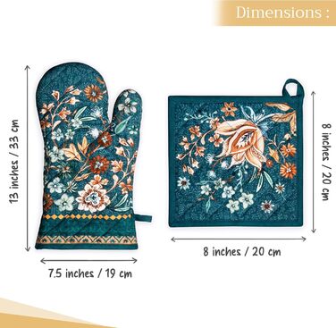 Рукавички для духовки, прихватки для каструль Maison d&39 Hermine, 100 бавовна, термостійкі кухонні рукавички, рукавички для духовки (19 x 33 см) та прихватки для каструль (20 x 20 см) для приготування їжі, Morzine - Рукавички для духовки (19 x 33 см) та 