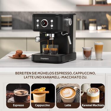 Кавомашина Empstorm з портафільтром для еспресо та піноутворювачем, еспресо-машина на 20 барів з портафільтром, еспресо-машина 2 в 1 для порошку та капсул, резервуар для води 1,5 л, кавоварка з портафільтром, білий (чорний)