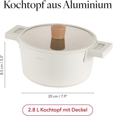 Алюмінієва каструля FLORINA 16 см 1,6 л Підходить для індукції Керамічне покриття, стійке до подряпин М&39яка ручка під дерево Термостійка Для всіх варильних поверхонь Легко миється (NUBE, 2,8 л - 20 см)