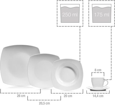 СПІВАЧКА Набір тарілок Striking 18 шт. , Порцеляновий набір посуду 6 персон, Посуд можна мити в посудомийній машині, Посуд з обідніми тарілками та глибокими тарілками, Посуд квадратний білий, Столовий сервіз сучасний (комбінований сервіз 30 шт. )