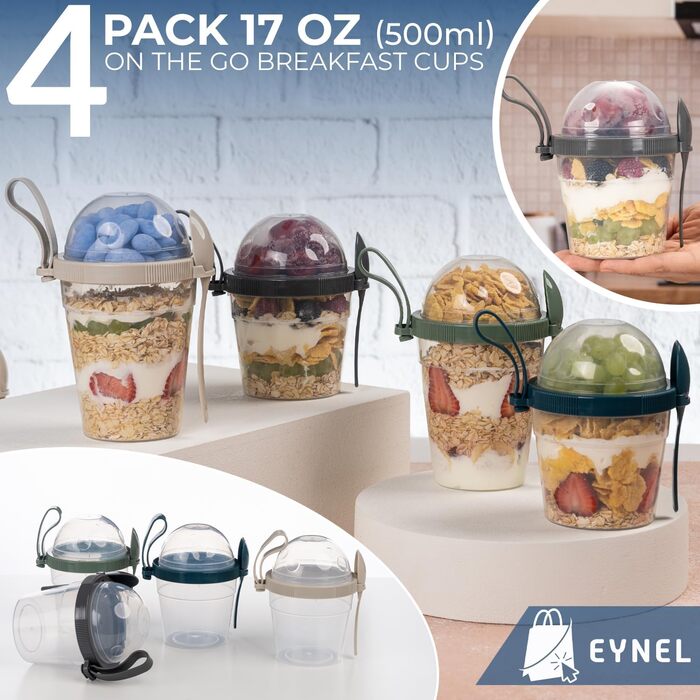 Стаканчики для йогурту з пластівців EYNEL на ходу з кришкою та ложкою, багаторазові пластикові парфе, молочний сніданок, хрусткі пластівці, вівсянка, смузі, перекус, чаша (набір 4 кольорів з ручкою)